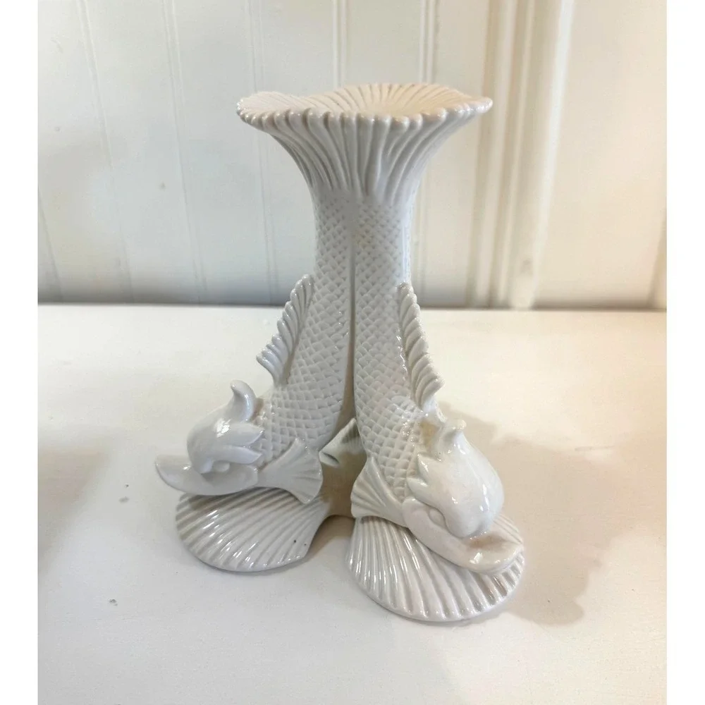 Fitz And Floyd Atlantis Collection Candleholder White Ceramic Fish Candle Holder